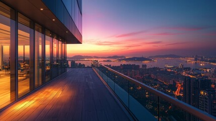Fototapeta premium Modern Balcony with Scenic Sunset View Over City and Ocean
