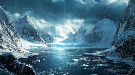 Naklejka premium Serene Glacial Landscape Under Dramatic Cloudy Sky