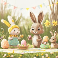 Cute rabbits celebrating Easter in a garden.