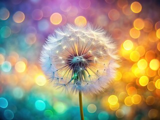 Floating dandelion seeds, a close-up nature scene.