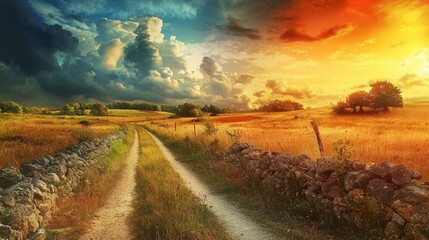Serene Country Pathway through Golden Fields at Sunset
