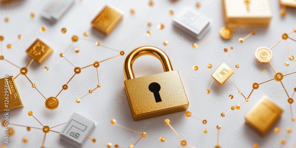 Fototapete Visual representation of data encryption with a padlock, scattered encrypted files, user authentication keys, and data integrity indicators, set against a minimalist neut