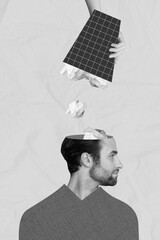 Vertical collage image of hand hold trash bin throw crumpled paper black white effect guy head...