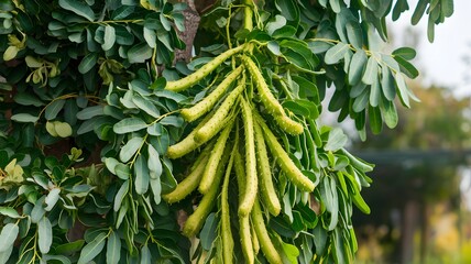 Moringa drumstick tree with fresh leaves in the sun.