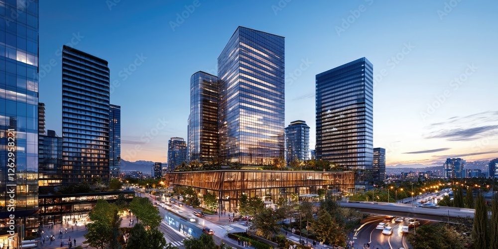Poster line connection weaving through a vibrant urban skyline illuminated by evening lights, showcasing a 