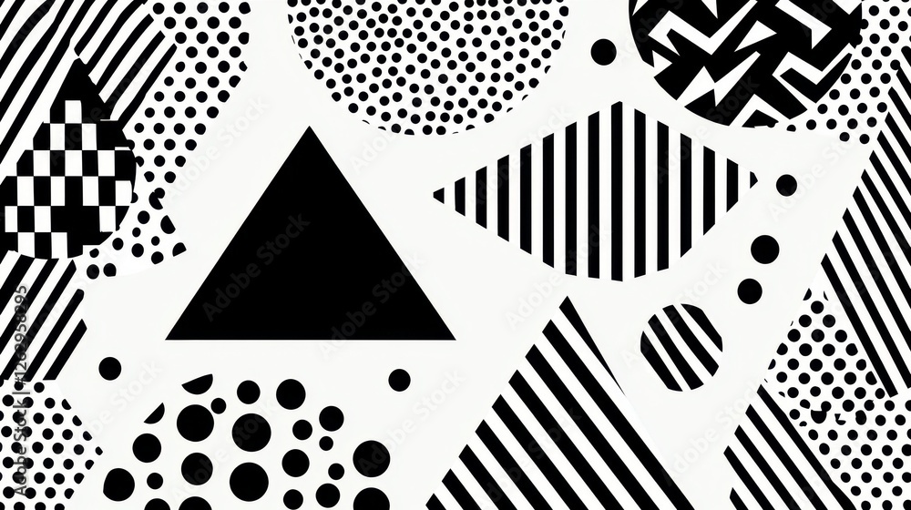 Poster a striking monochrome design featuring various geometric shapes and patterns, including triangles, c