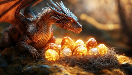 Dragon guarding golden mystical eggs.