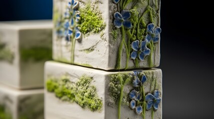 Striking Close-Up of a Vertical Sculpture Comprising Interlocking White Clay Boxes with Unique Moss and Blue Flowers Against a Simple Background