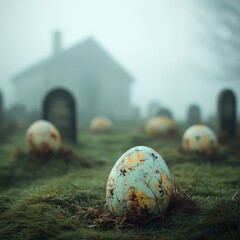 Eerie graveyard with mysterious giant eggs.