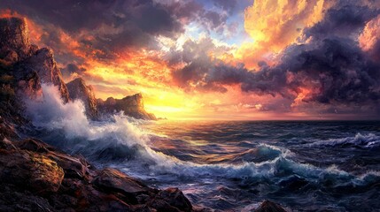 Fototapeta premium Dramatic Sunset Over Rocky Coastline with Wild Waves Crashing