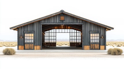 Modern Rustic Barn Exterior Desert Landscape Open Doors Industrial Style Architecture