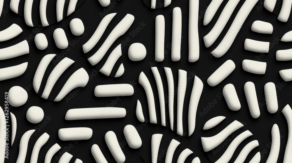 Poster a visually striking pattern of white stripes and dots against a black background, creating an abstra