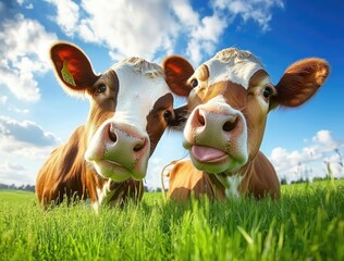 Cows on the grassland, a sunny day in summer, a clear blue sky, cows grazing peacefully, a green meadow with various cow breeds.