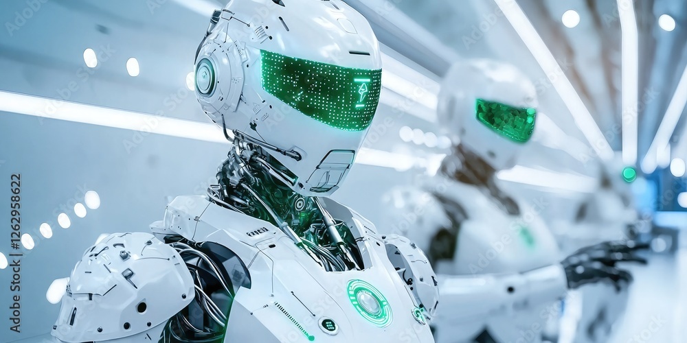 Poster Futuristic automation concept with robots assisting in a streamlined production line, efficiency indicators displayed, minimalist neutral setting