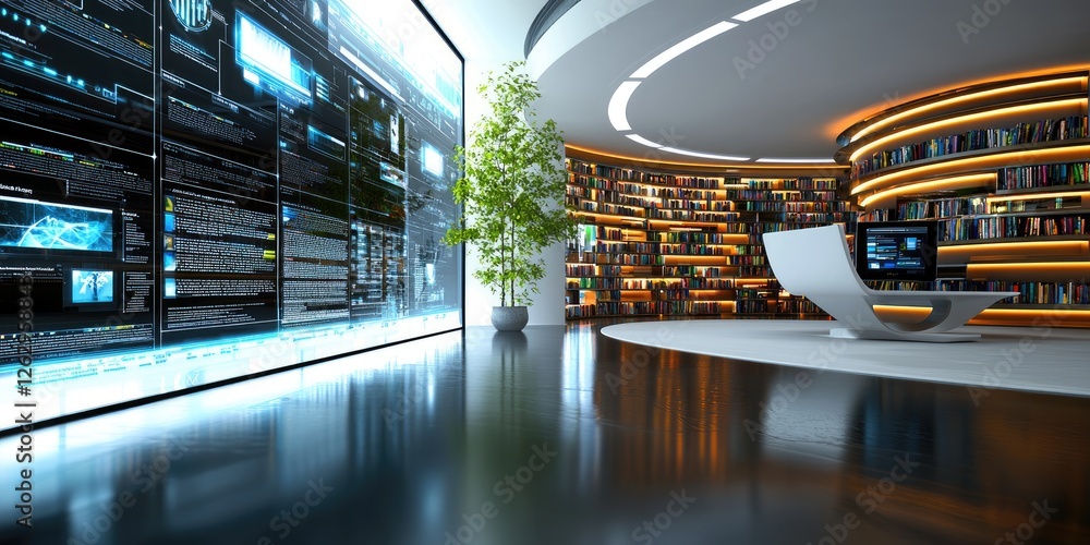 Poster modern virtual library environment displaying educational videos and organized resource databases, h