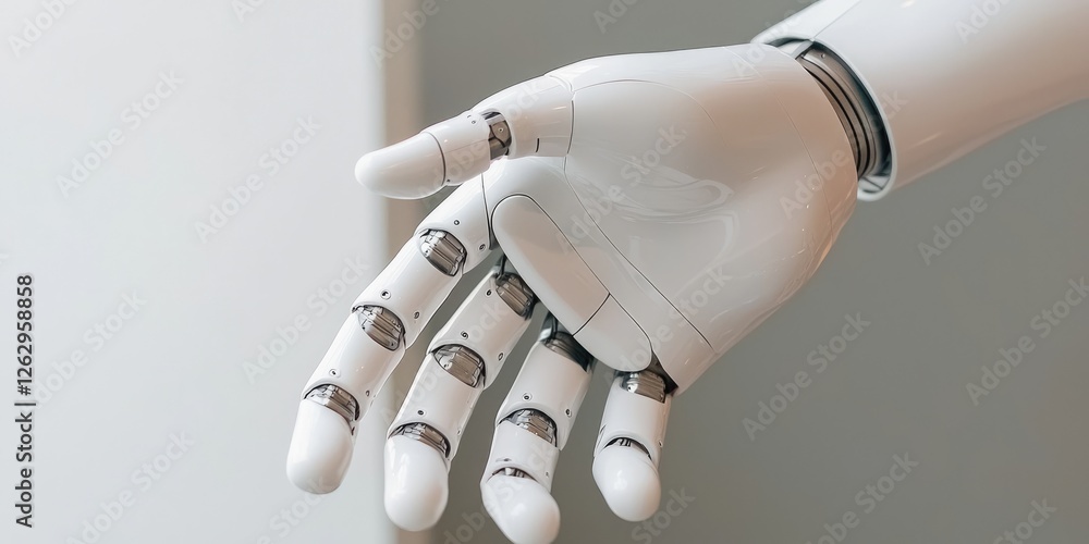 Poster a robotic hand interacting with digital technology, sleek design, neutral background, showcasing inn
