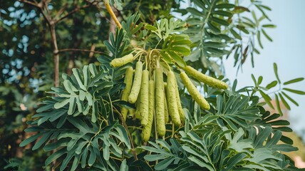 Fototapeta premium Moringa drumstick tree with fresh leaves in the sun.