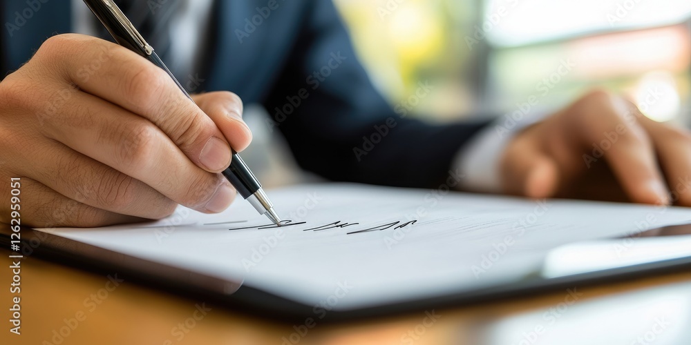 Aufkleber close-up of digital signature capture on a tablet alongside automated business documents, minimalist office space