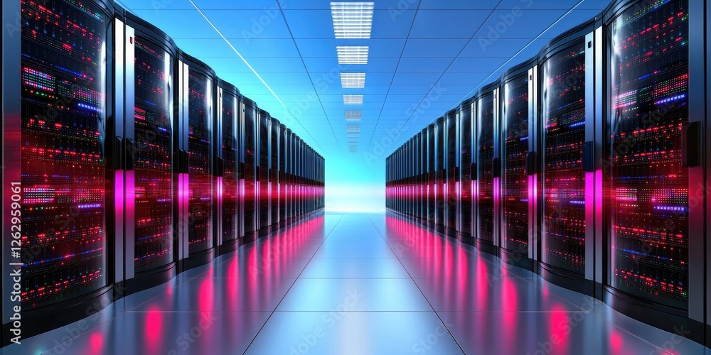 Poster a secure server room with illuminated data encryption systems and network safety elements, emphasizi