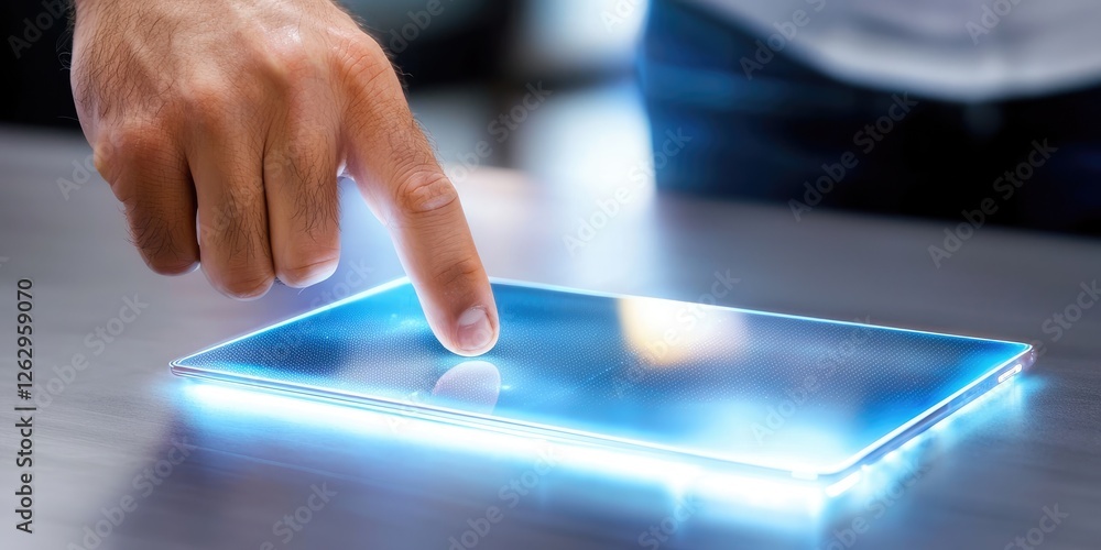 Poster innovation user experience interface functionality person interacting with a futuristic touchscreen display, emphasizing seamless design and intuitive navigation, clean a