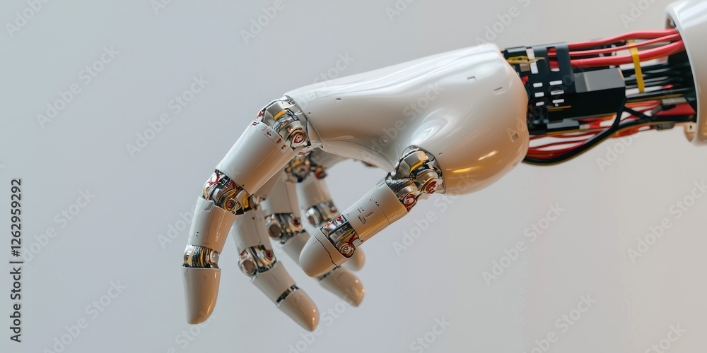 Poster a robotic hand interacting with digital technology, sleek design, neutral background, showcasing inn