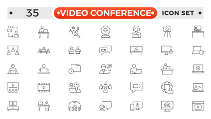 Video Conference set outline icon. Live webinar icons for web and mobile app. Containing conference, business meeting, classroom, team, interview, conference, work, discussion, Video call.