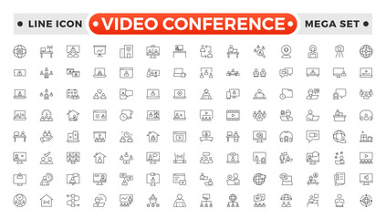 Video Conference set outline icon. Live webinar icons for web and mobile app. Containing conference, business meeting, classroom, team, interview, conference, work, discussion, Video call.