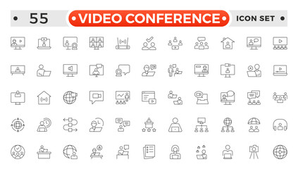 Video Conference set outline icon. Live webinar icons for web and mobile app. Containing conference, business meeting, classroom, team, interview, conference, work, discussion, Video call.