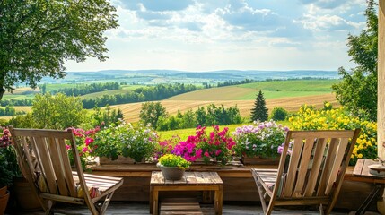 Obraz premium Beautiful Scenic View from a Cozy Deck Surrounded by Colorful Flowers
