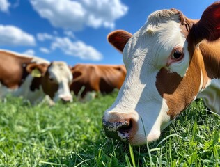 Cows on the grassland, a sunny day in summer, a clear blue sky, cows grazing peacefully, a green meadow with various cow breeds.