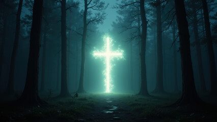 Fototapeta premium A tranquil forest path illuminated by a radiant crucifix at its end.