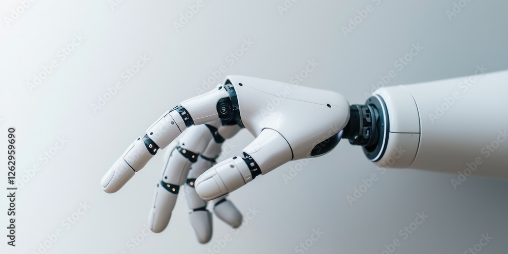 Poster a robotic hand interacting with digital technology, sleek design, neutral background, showcasing inn