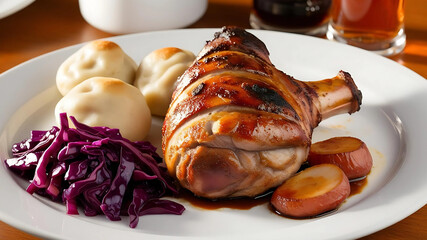 Crispy-skinned pork knuckle glistens alongside buttery dumplings and deep purple-red cabbage, offering a taste of authentic Bavarian cuisine. This mouthwatering dish is a staple at Oktoberfest