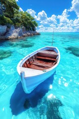 Small White Boat Floating on Crystal Clear Tropical Water