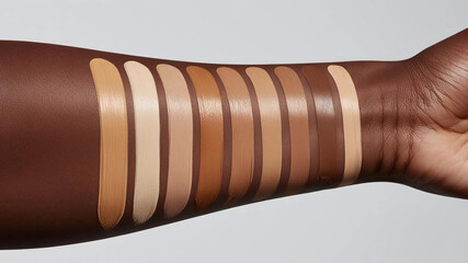 Smooth streaks of foundation in varying shades glide across a deep-toned arm, celebrating diversity in beauty. Each hue seamlessly blends into the skin, emphasizing the importance of representation