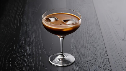 The deep coffee tones of an espresso martini shine against a dark, sultry backdrop, creating an irresistible invitation to indulge. 