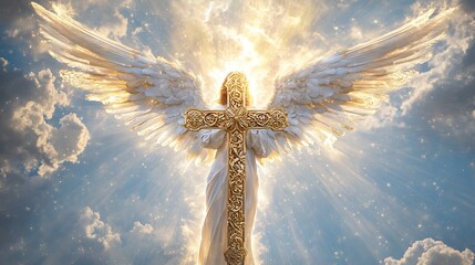 A hyper-realistic image of a radiant angel standing in the heavens, holding a beautifully patterned cross with intricate golden engravings. The angel’s majestic wings, adorned with shimmering 