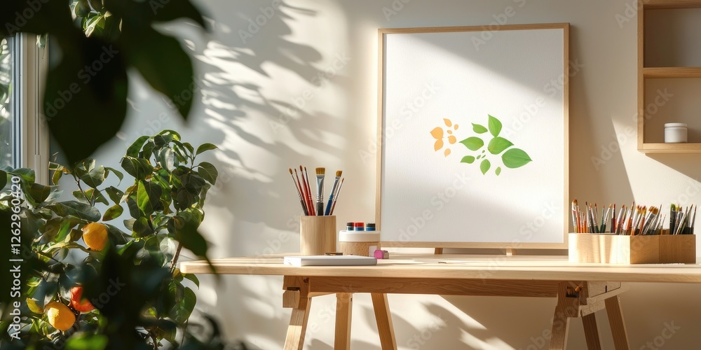 Poster cozy workspace featuring a creative line connection through artistic tools and bright natural light,