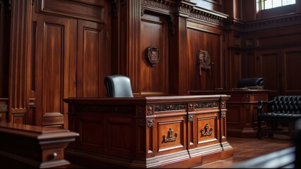 An empty courtroom featuring a wooden bench and chair, showcasing traditional architecture and design, symbolizing authority and justice.    