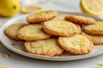 Fresh lemon biscuits on white plate with lemon garnish. Neural network AI generated