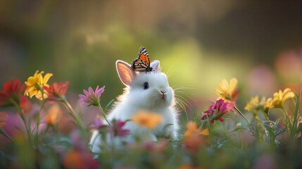 White bunny rabbit with monarch butterfly in blooming spring garden with colorful flowers. Easter card template. Nature and spring concept for Earth day and Spring equinox