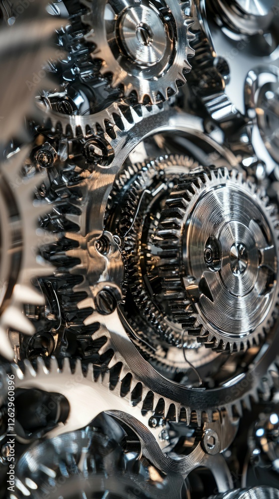 Poster close-up of intricate metallic gears with shiny details and texture
