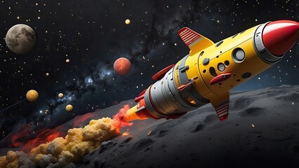 Fototapeta premium Rocket Toy Soaring in a Vibrant Space Galaxy Background