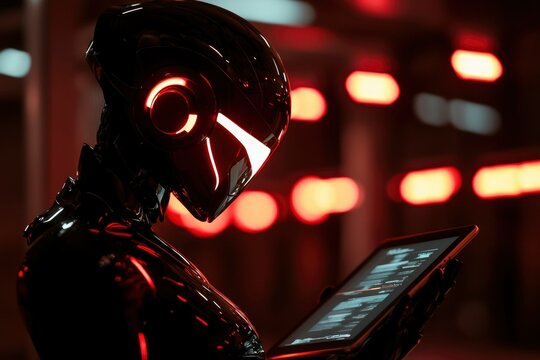 Futuristic robot reads code in a dark urban environment. Possible use Sci-fi stock photo