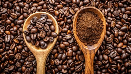 Obraz premium Ground coffee beans, nestled beside weathered wooden spoons, create a rustic kitchen still life, perfect for coffee lovers.