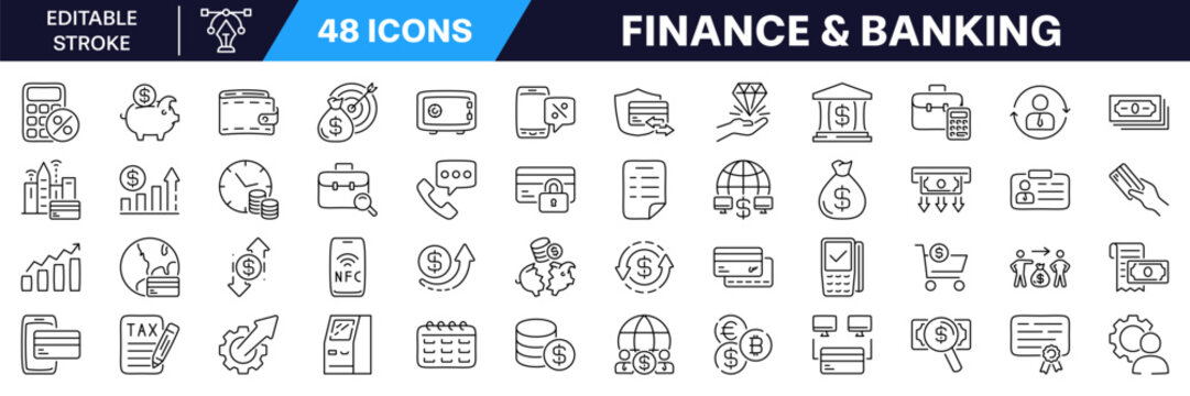Finance icon set with Editable Stroke. Banking line icon.