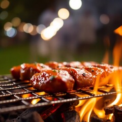 An image of a delicious juicy barbecue on fire, photographed with a long exposure, with a blurred bokeh effect in the background, with a sharp focus on the barbecue, capturing the motion of a.