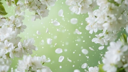 Fototapeta premium Beautiful Cherry Blossom Petals Falling on Green Bokeh Background
