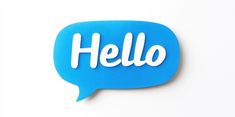A vibrant blue speech bubble cradles "HELLO" in bold white, elegantly tilted to the left, inviting engagement with its striking clarity