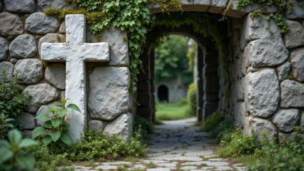 An old stone archway with a cross at its center, leading to a grassy garden.